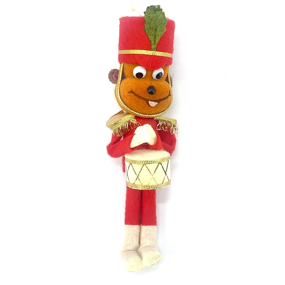 Vintage Japan Monkey Ornament Soldier Drummer Drum Major Red Felt 7 inches Tall